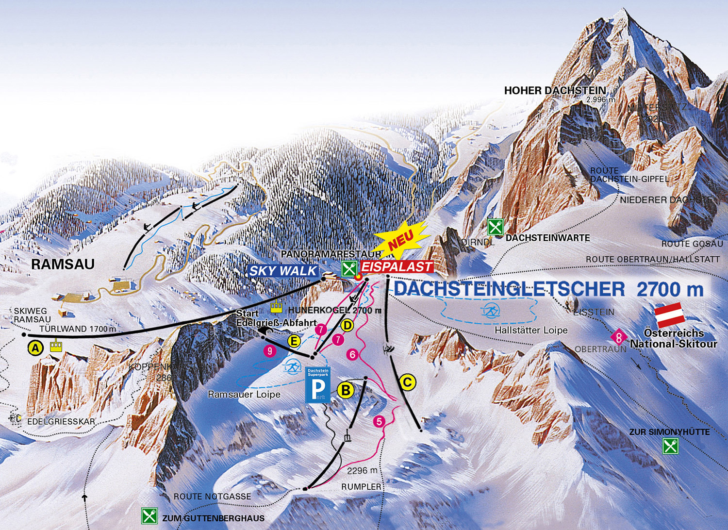 Pistenplan  im Skigebiet Dachsteingletscher - ein Skigebiet in Steiermark