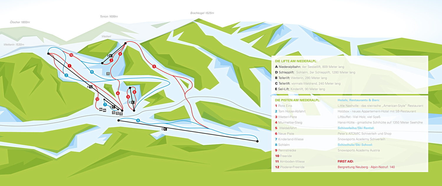 Pistenplan  im Skigebiet Niederalpl - ein Skigebiet in Steiermark