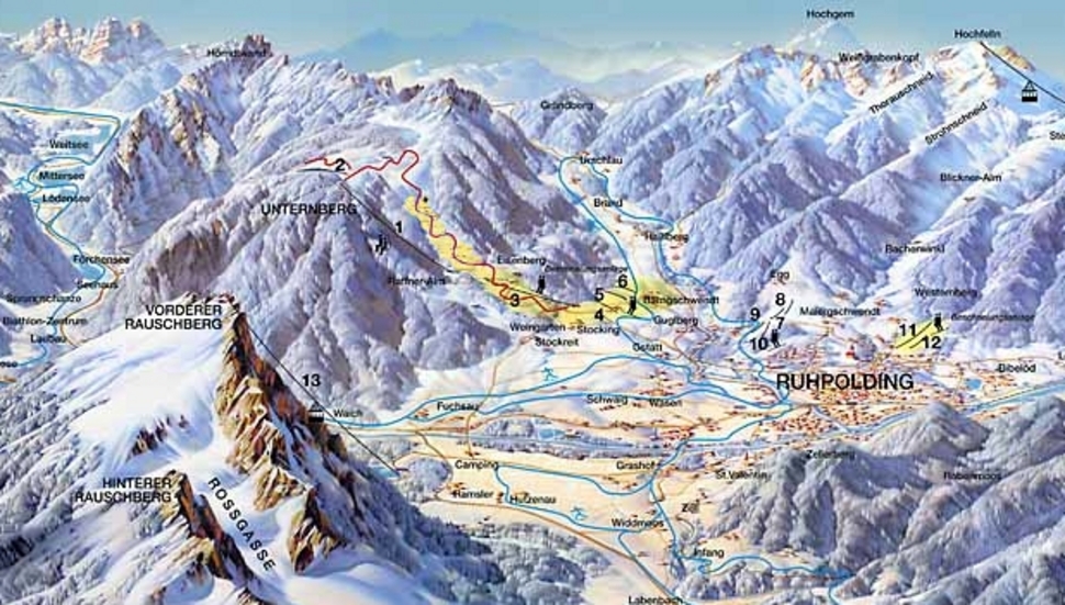 Pistenplan  im Skigebiet Ruhpolding - ein Skigebiet in Oberbayern