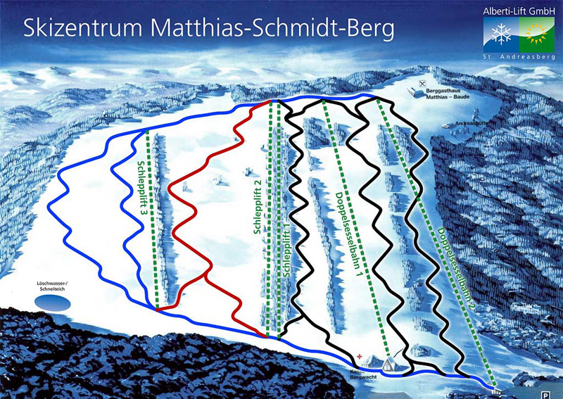 Pistenplan  im Skigebiet St. Andreasberg - Matthias-Schmidt-Berg - ein Skigebiet in Harz