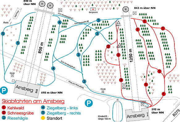 Pistenplan  im Skigebiet Arnsberg - ein Skigebiet in Rhön