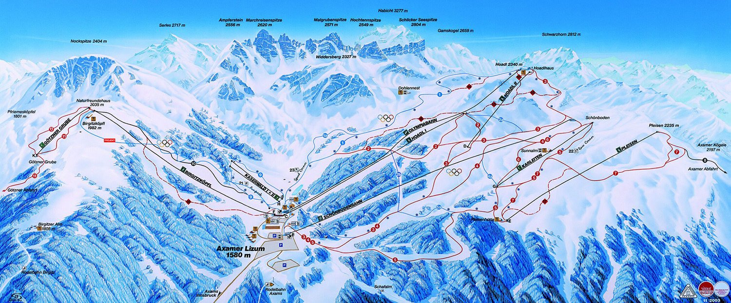 Pistenplan  im Skigebiet Axamer Lizum - ein Skigebiet in Tirol