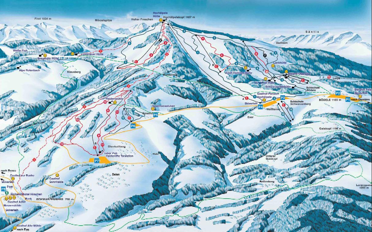 Pistenplan  im Skigebiet Schwarzenberg - Bödele - ein Skigebiet in Vorarlberg