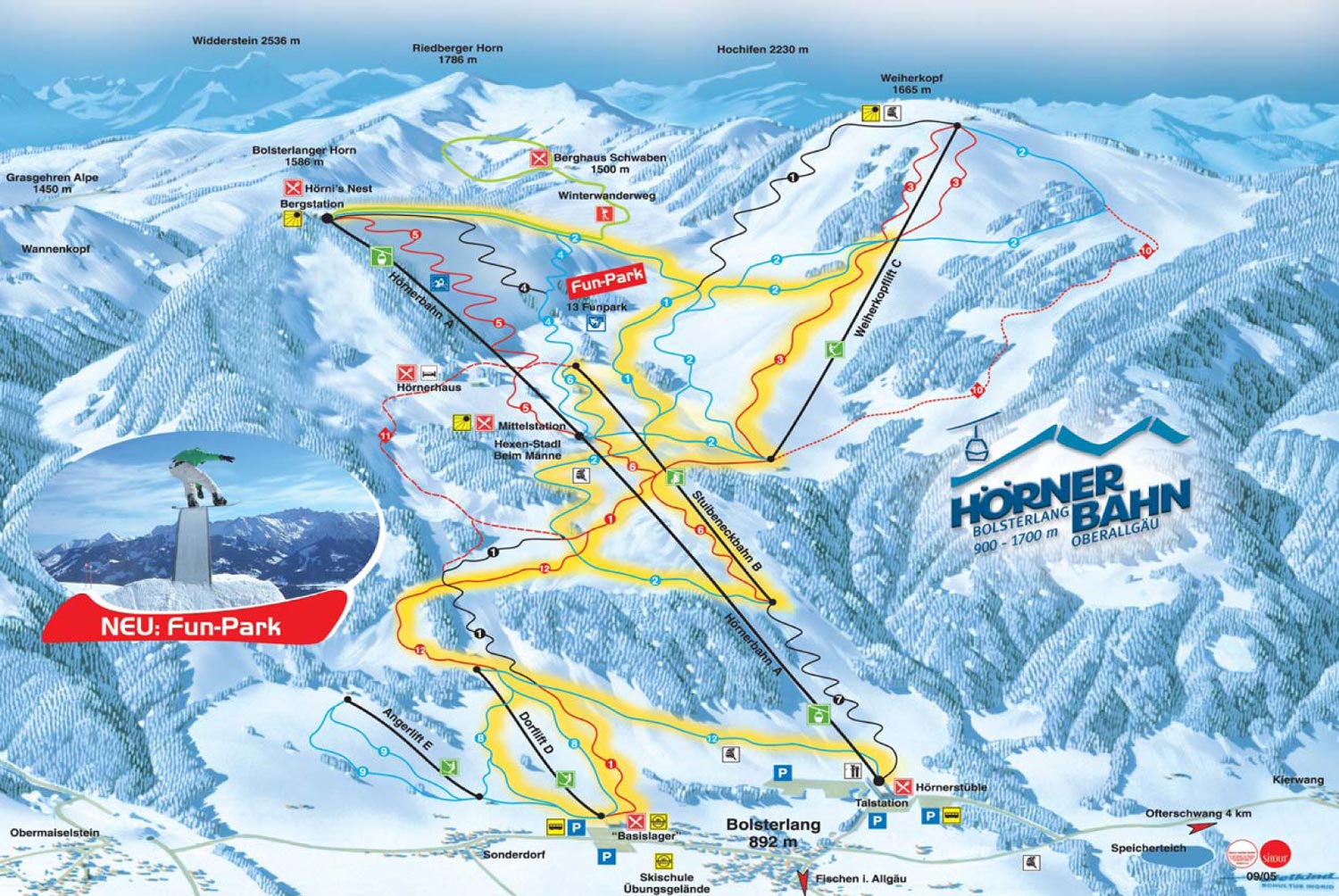 Pistenplan  im Skigebiet Bolsterlang - Hörnerbahn - ein Skigebiet in Allgäu