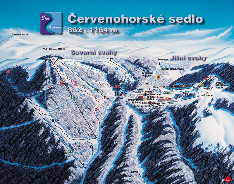 Pistenplan  im Skigebiet Cervenohorske sedlo - ein Skigebiet in Altvatergebirge