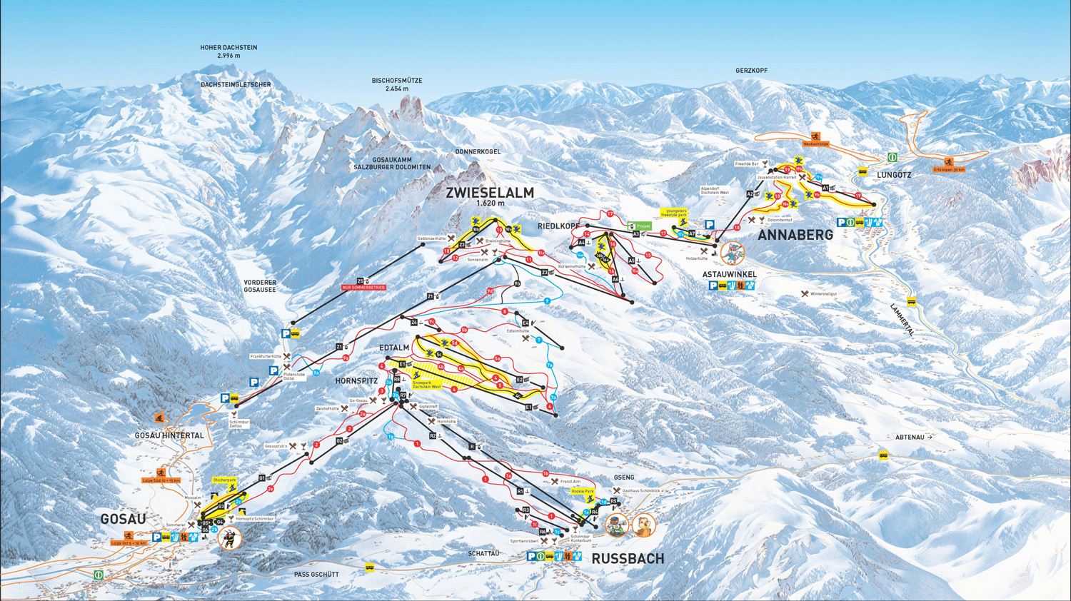 Pistenplan  im Skigebiet Dachstein West - Gosau - ein Skigebiet in Oberösterreich