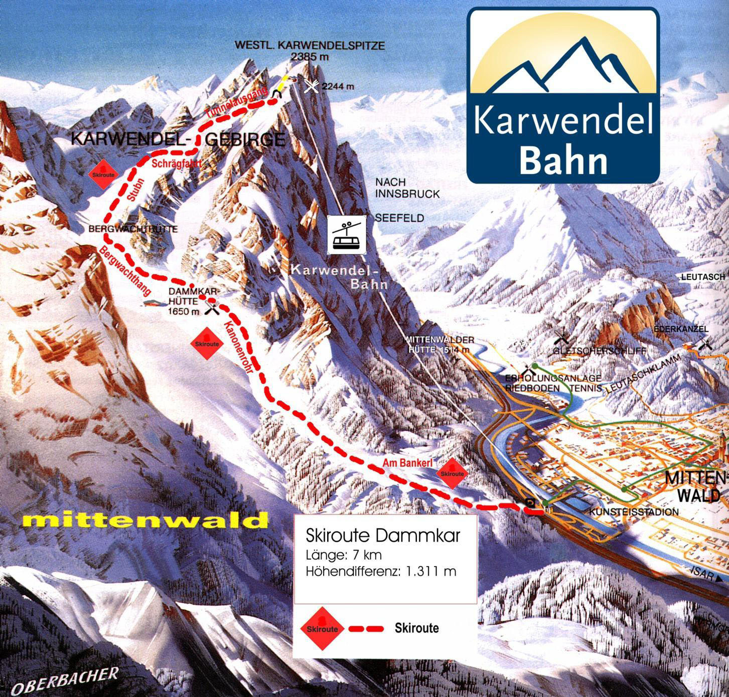 Pistenplan  im Skigebiet Mittenwald - Dammkar - ein Skigebiet in Oberbayern