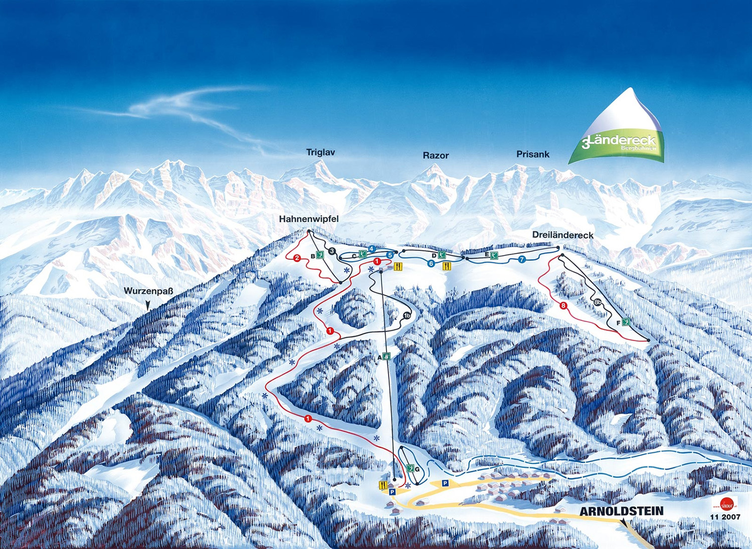 Pistenplan  im Skigebiet Dreiländereck Arnoldstein - ein Skigebiet in Kärnten