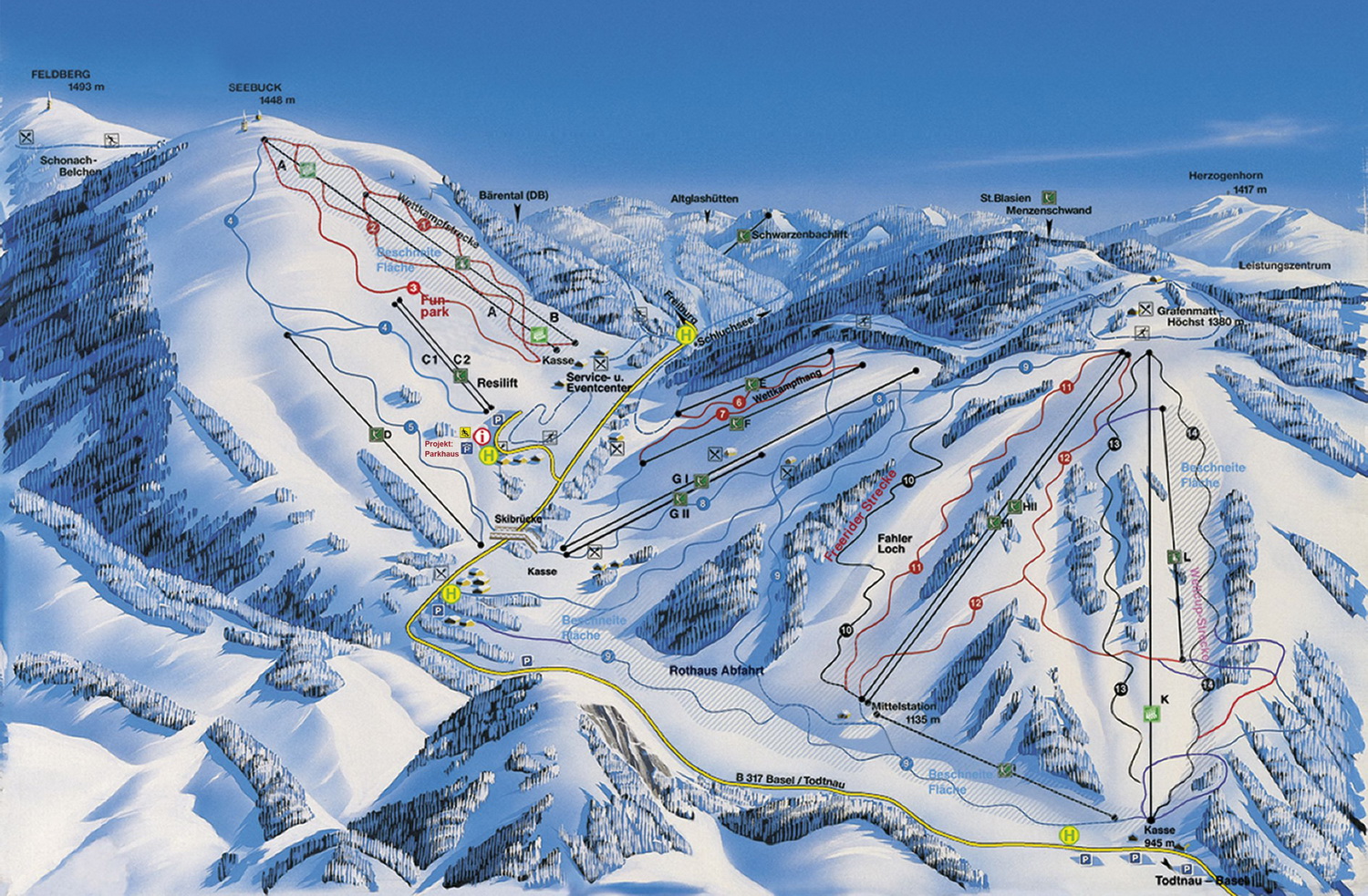 Pistenplan  im Skigebiet Feldberg - ein Skigebiet in Schwarzwald