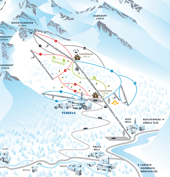 Pistenplan  im Skigebiet Fendels - ein Skigebiet in Tirol