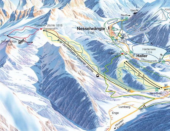 Pistenplan  im Skigebiet Füssener Jöchle - Grän - ein Skigebiet in Tirol