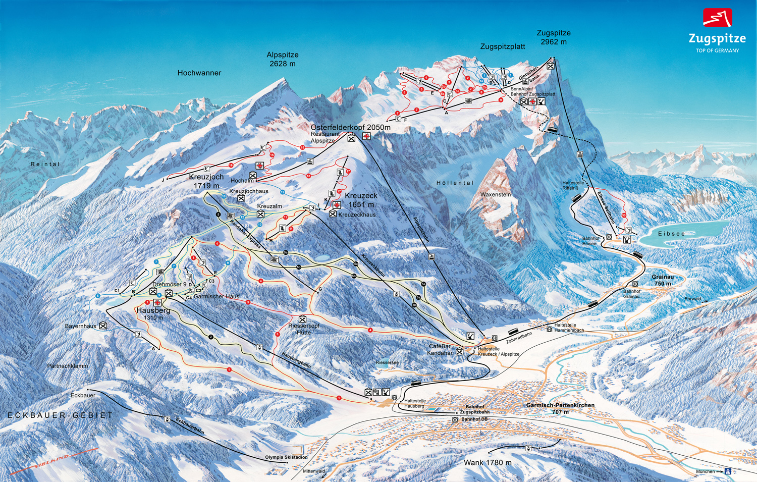 Pistenplan  im Skigebiet Garmisch-Partenkirchen - ein Skigebiet in Oberbayern