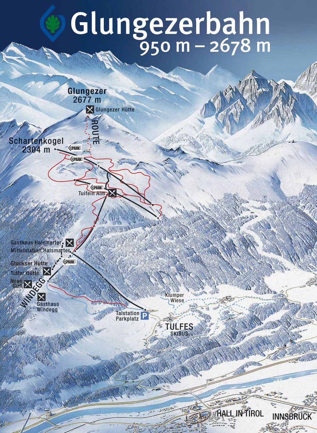 Pistenplan  im Skigebiet Tulfes - Glungezer - ein Skigebiet in Tirol