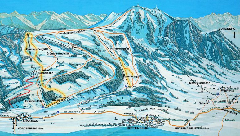 Pistenplan  im Skigebiet Rettenberg - Grünten - ein Skigebiet in Allgäu