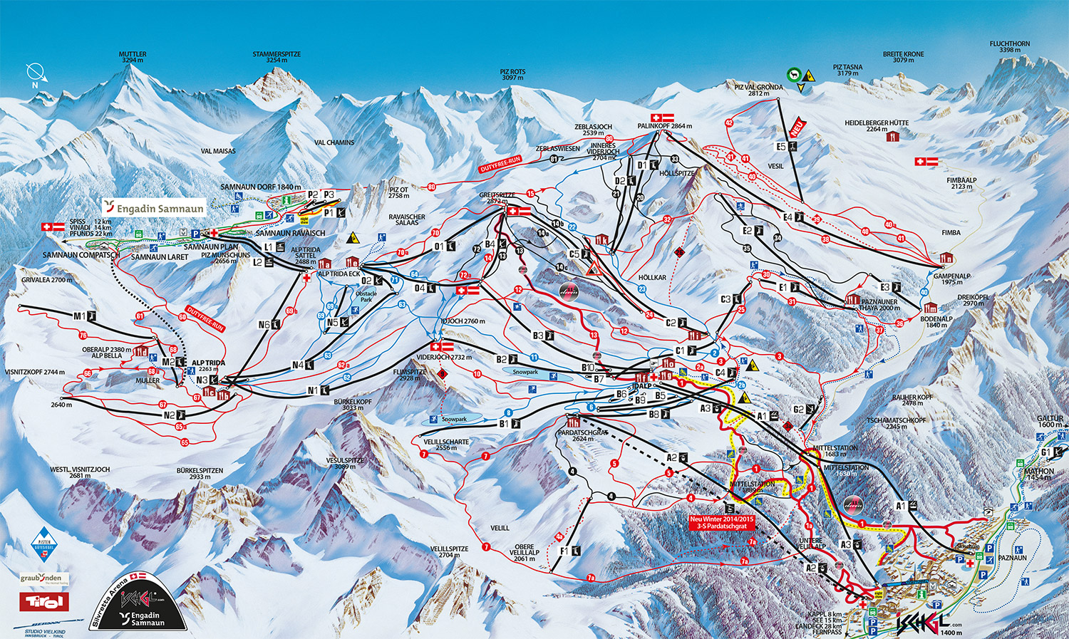 Pistenplan  im Skigebiet Ischgl - Silvretta Arena - ein Skigebiet in Tirol