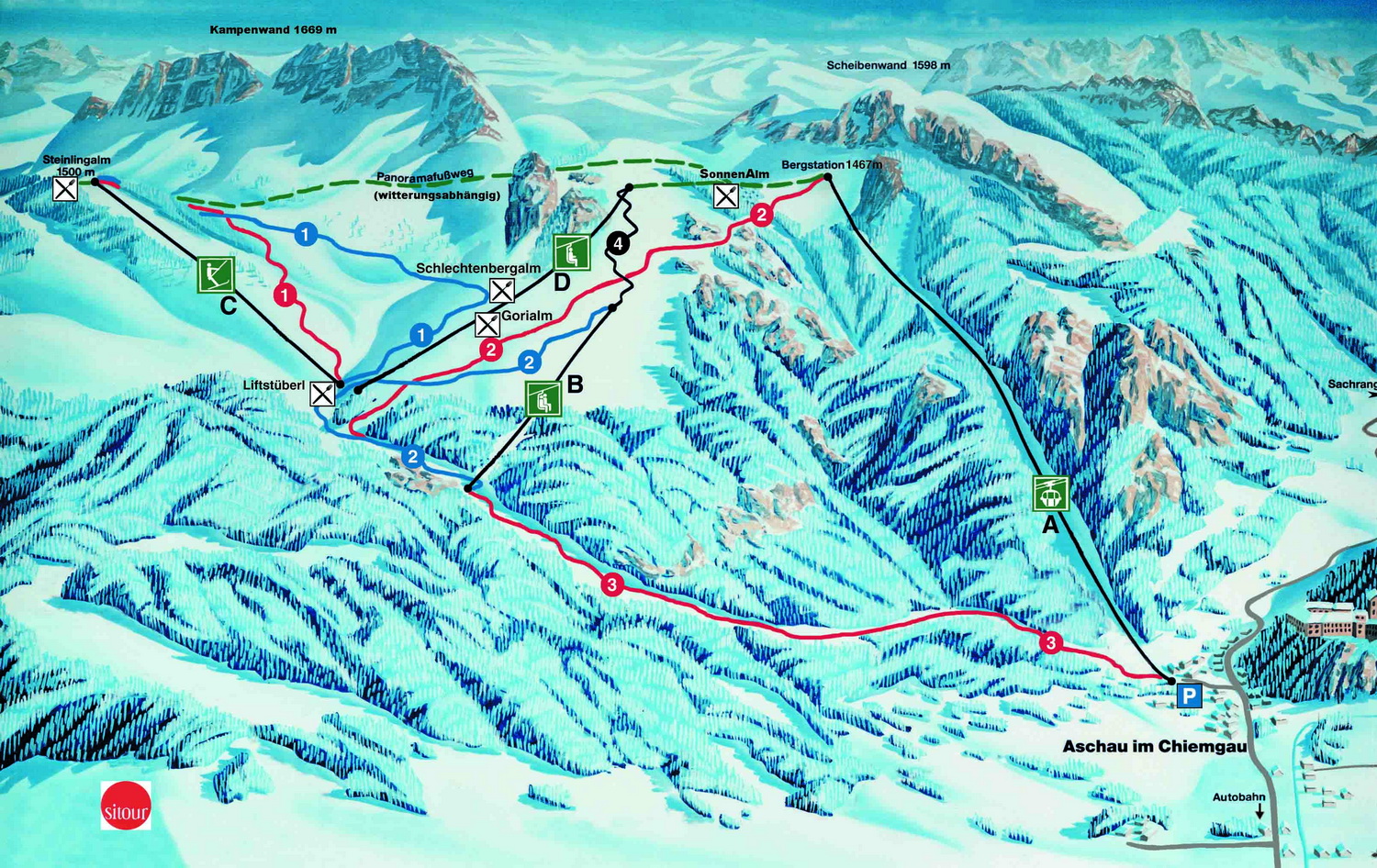 Pistenplan  im Skigebiet Aschau - Kampenwand - ein Skigebiet in Oberbayern