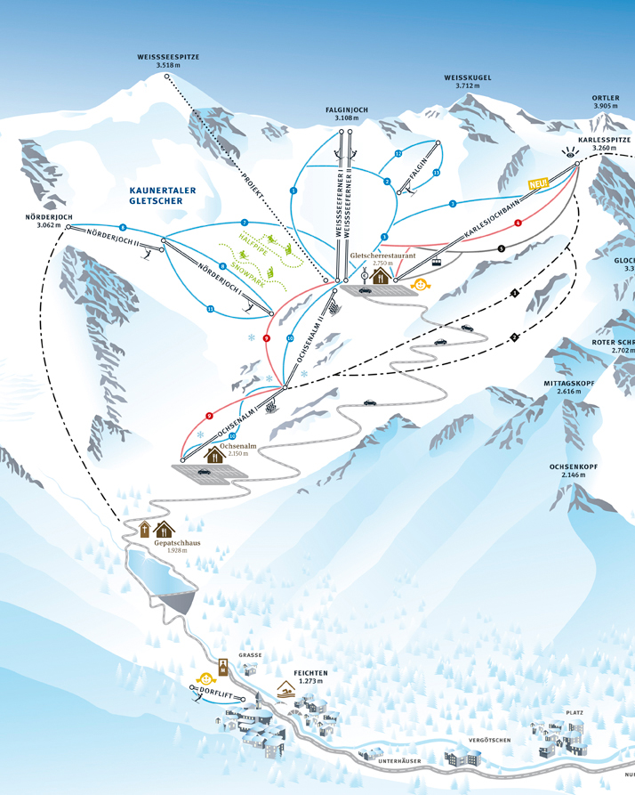 Pistenplan  im Skigebiet Kaunertaler Gletscher - ein Skigebiet in Tirol