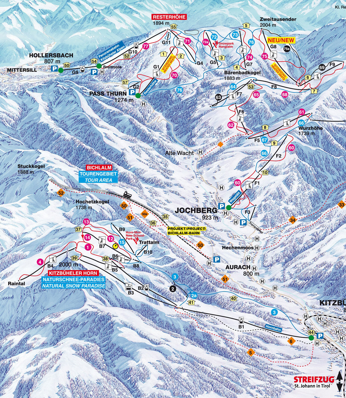 Pistenplan Kitzbühel links im Skigebiet Kitzbühel - ein Skigebiet in Tirol