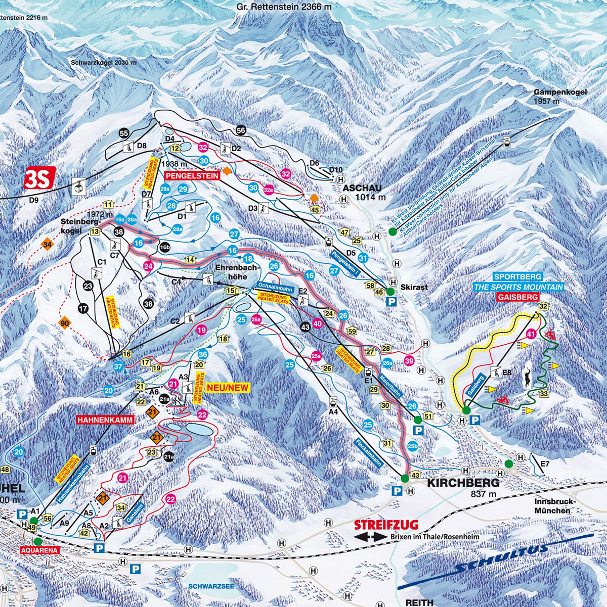 Pistenplan Kitzbühel rechts im Skigebiet Mittersill - Kitzbuehel - ein Skigebiet in Salzburger Land