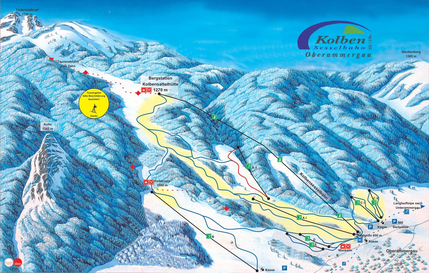 Pistenplan  im Skigebiet Oberammergau - Kolben - ein Skigebiet in Oberbayern