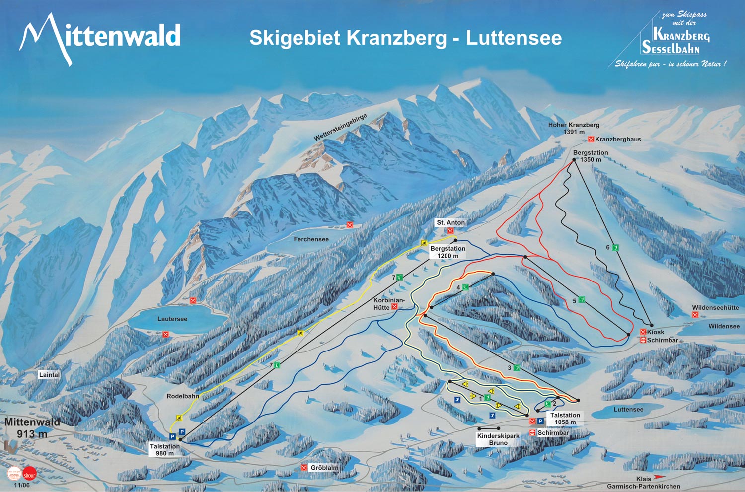Pistenplan  im Skigebiet Mittenwald - Kranzberg - ein Skigebiet in Oberbayern