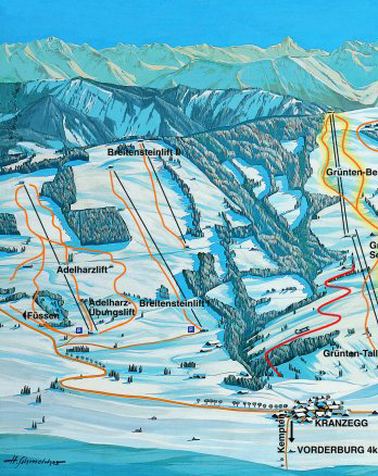 Pistenplan  im Skigebiet Kranzegg am Grünten - ein Skigebiet in Allgäu