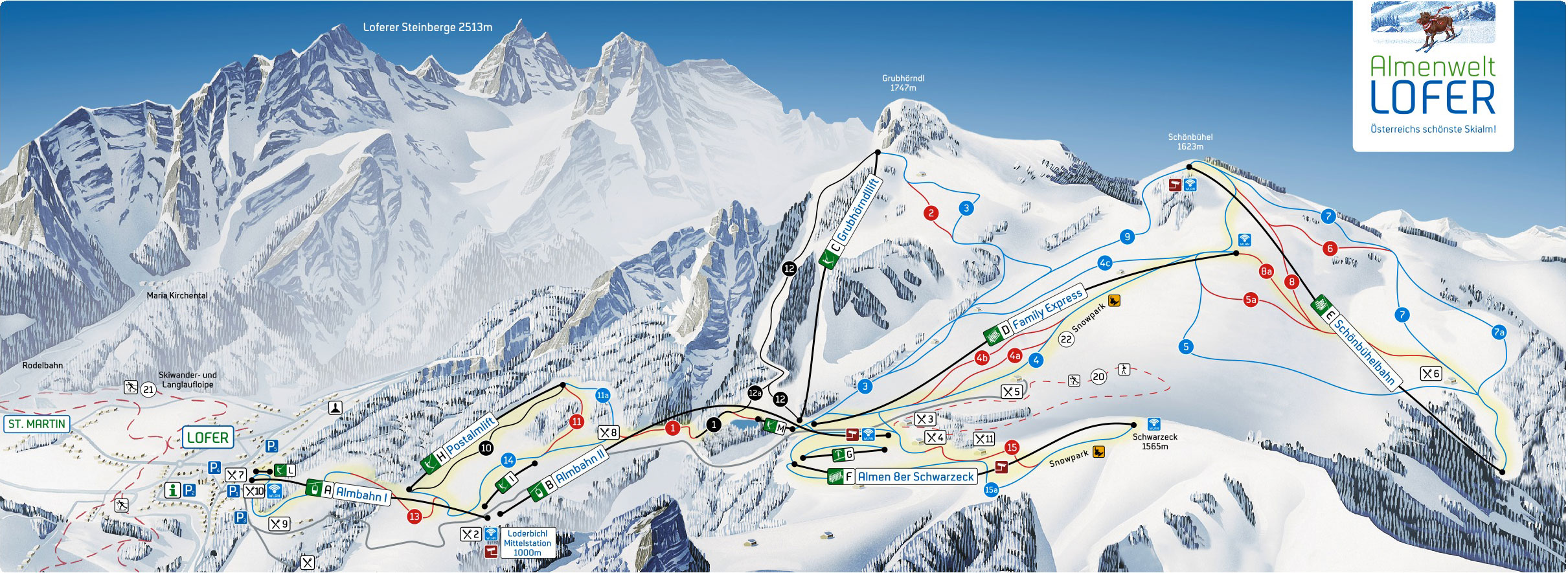 Pistenplan  im Skigebiet Almenwelt Lofer - ein Skigebiet in Salzburger Land