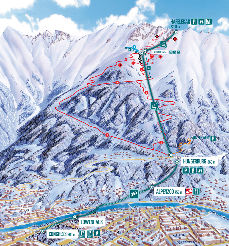 Pistenplan  im Skigebiet Innsbruck - Nordkette - ein Skigebiet in Tirol