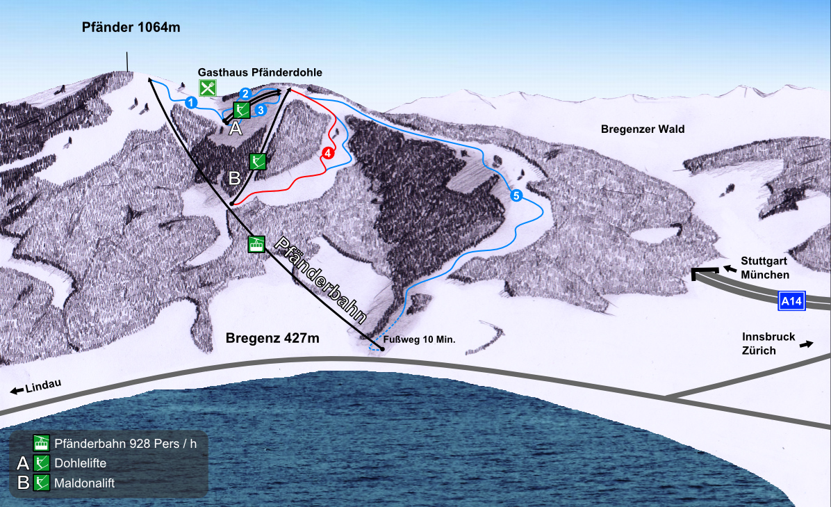 Pistenplan  im Skigebiet Pfänder - Bregenz - ein Skigebiet in Vorarlberg