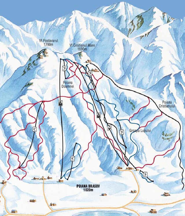Pistenplan  im Skigebiet Poiana Brasov - ein Skigebiet in Südostkarpaten - Bucegi / Predeal