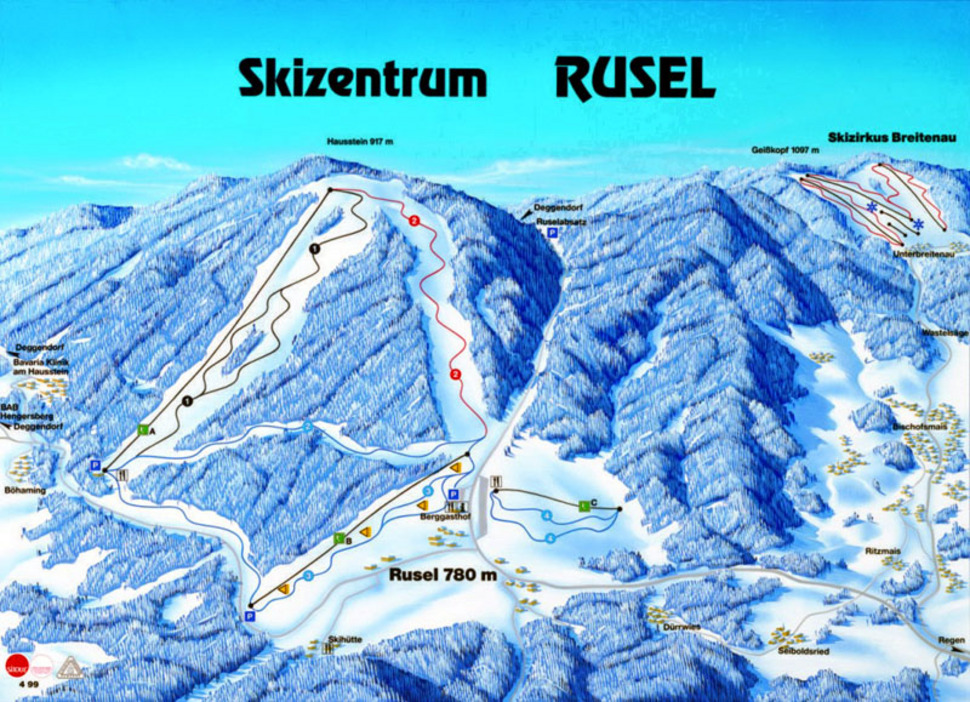 Pistenplan  im Skigebiet Rusel - ein Skigebiet in Bayerischer Wald