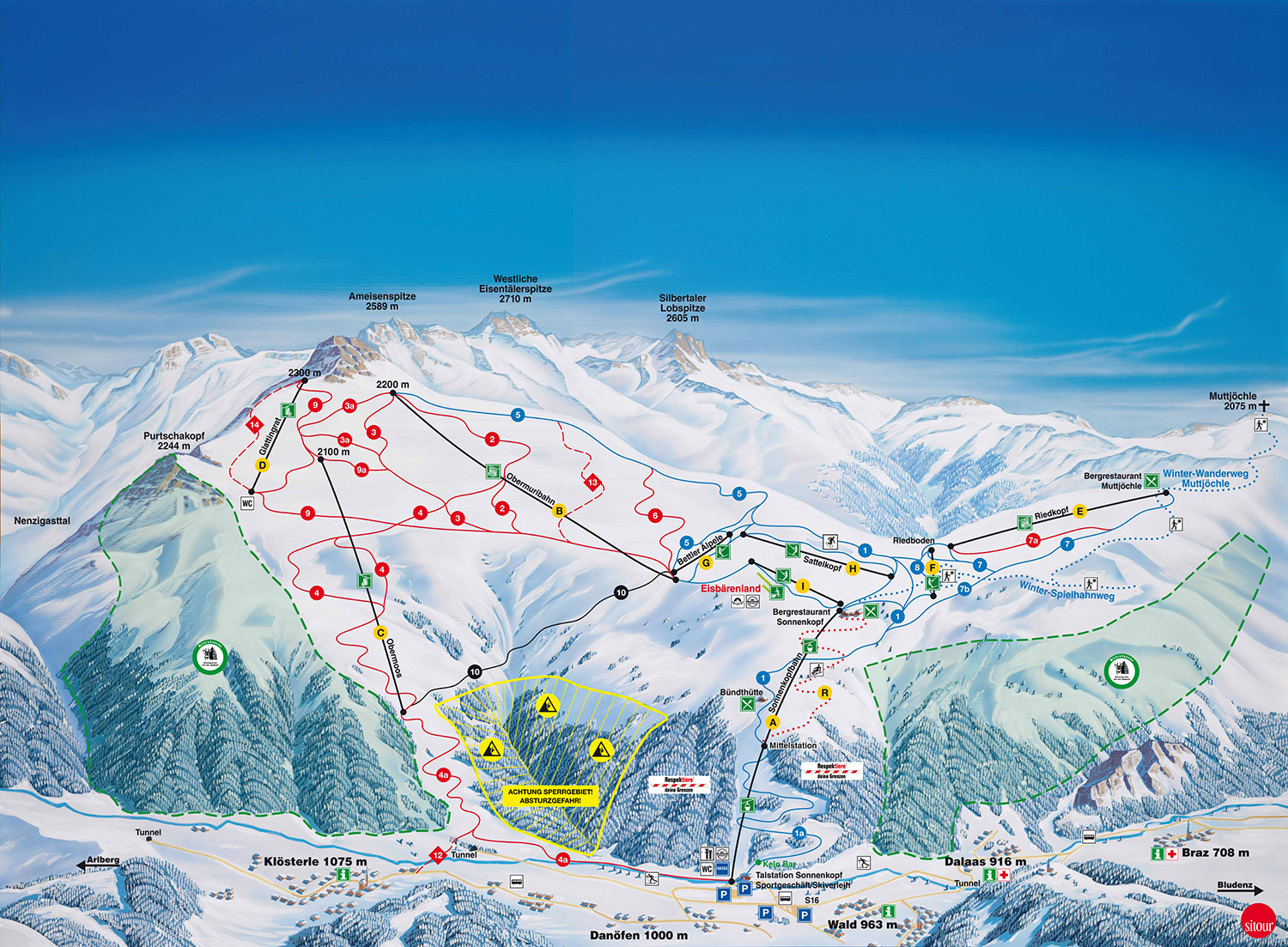 Pistenplan  im Skigebiet Sonnenkopf - Klösterle - ein Skigebiet in Vorarlberg