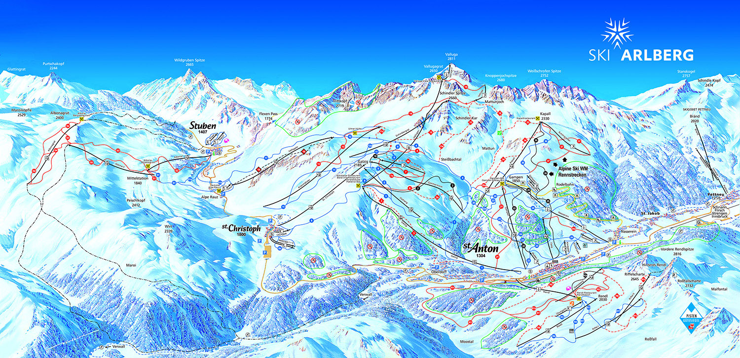 Pistenplan St. Anton, St. Christoph, Stuben im Skigebiet St. Anton - Arlberg - ein Skigebiet in Tirol