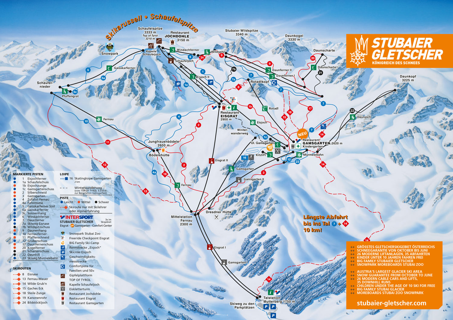 Pistenplan  im Skigebiet Stubaier Gletscher - ein Skigebiet in Tirol