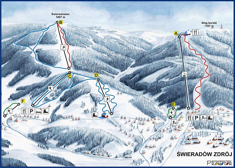 Pistenplan  im Skigebiet Swieradow Zdroj - ein Skigebiet in Isergebirge