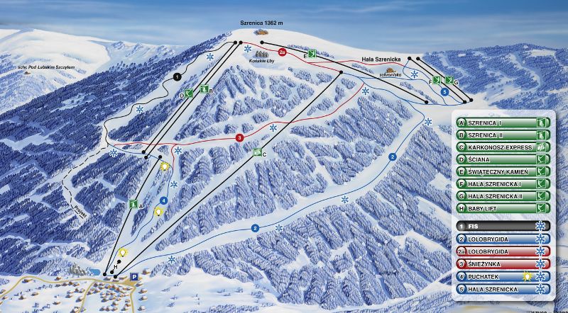 Pistenplan  im Skigebiet Szklarska Poreba - ein Skigebiet in Riesengebirge