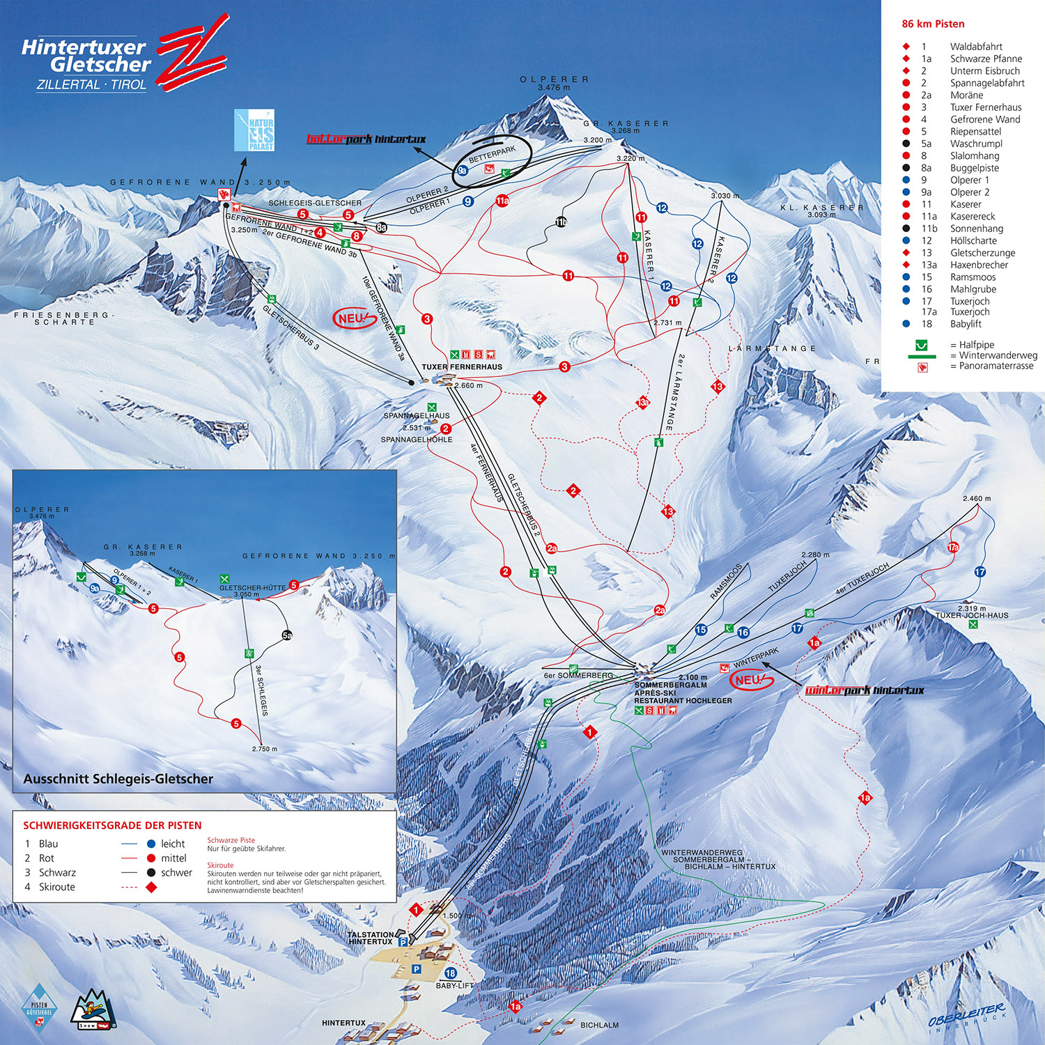 Pistenplan  im Skigebiet Hintertuxer Gletscher - ein Skigebiet in Tirol