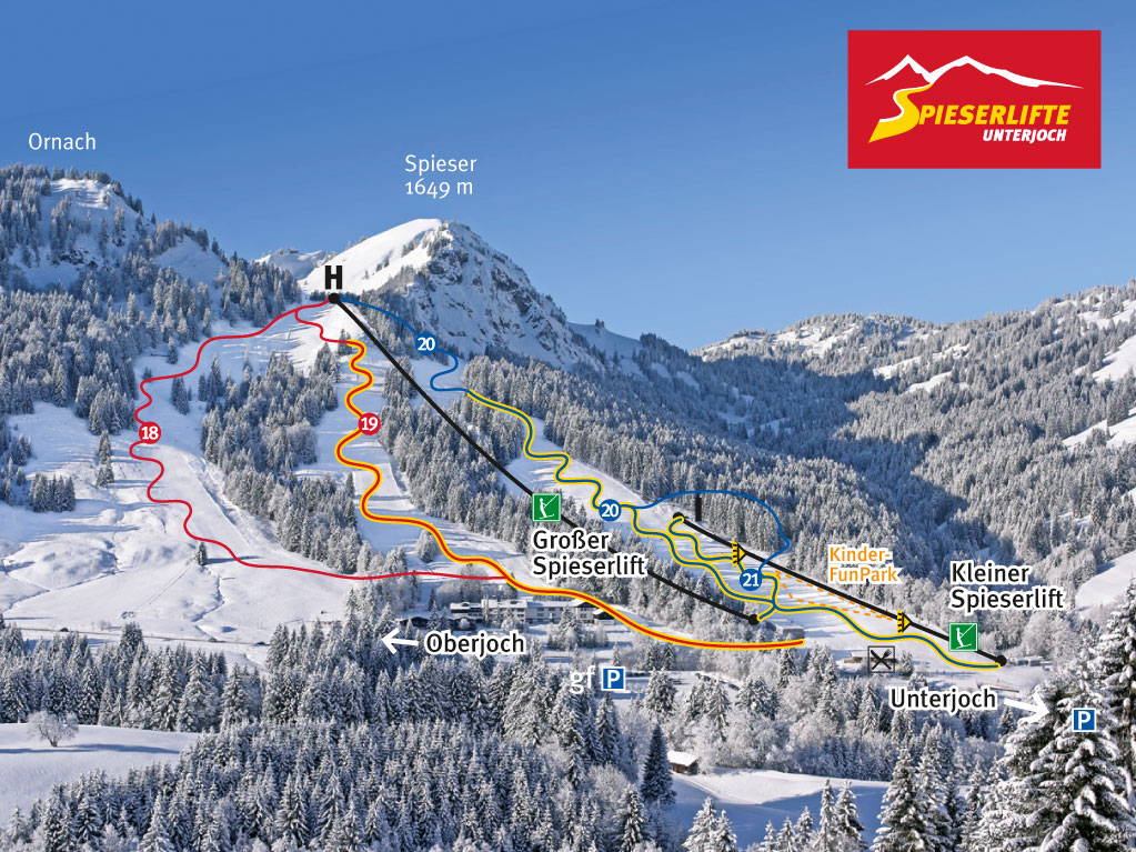 Pistenplan  im Skigebiet Unterjoch - Spieserlifte - ein Skigebiet in Allgäu