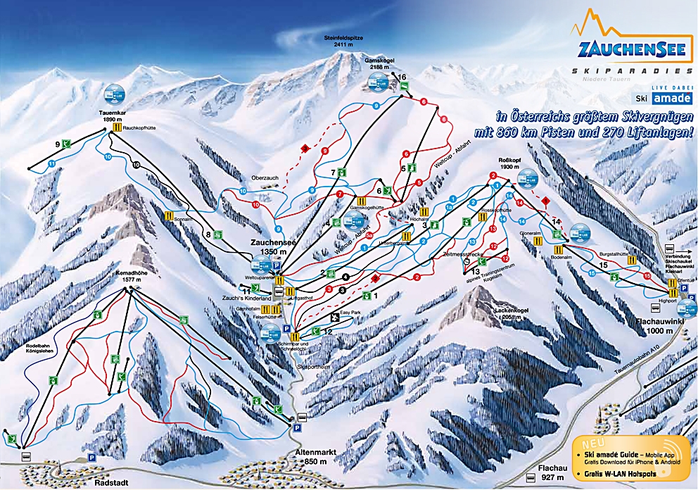 Pistenplan  im Skigebiet Zauchensee - Flachauwinkl - ein Skigebiet in Salzburger Land