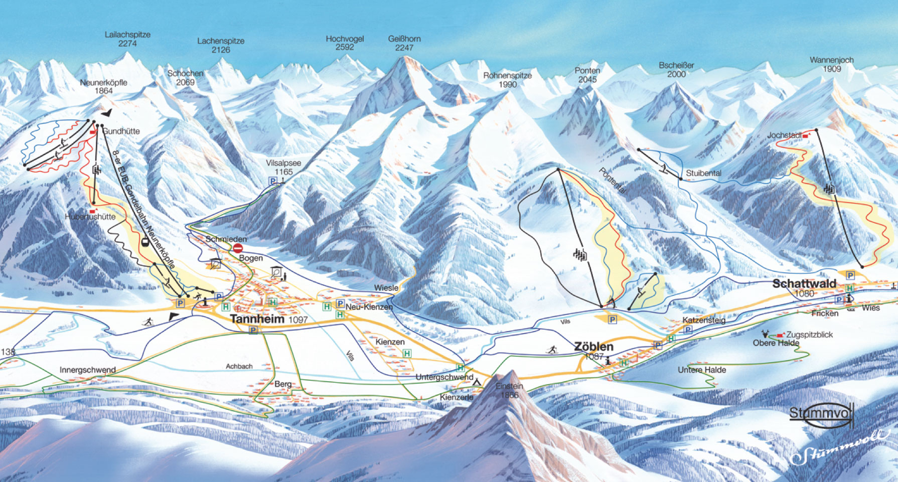 Pistenplan  im Skigebiet Schattwald - Zöblen - ein Skigebiet in Tirol